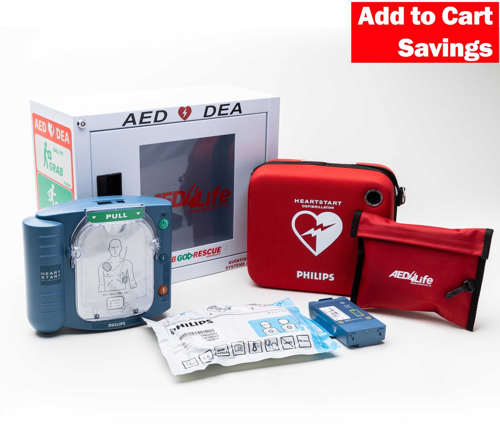 AED (Automated External Defibrillator) kit with Philips and AED Life branding on a white background.