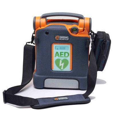 Portable AED machine with an orange and grey casing, a shoulder strap, labeled "Cardiac Science" and "AED." It features semi-automatic shock delivery and Rescue Ready technology for reliable performance. The Cardiac Science G5 BILINGUAL AED ensures you're always prepared to respond effectively.