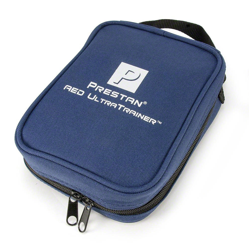 The Prestan AED UltraTrainer by Prestan, housed in a blue case with zipper closure and carrying handle, offers a realistic training experience and is positioned on a white background.