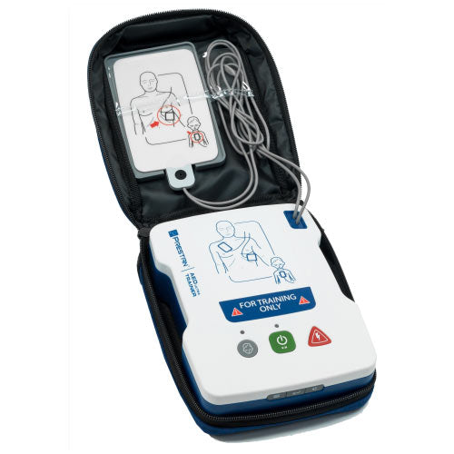 The Prestan AED UltraTrainer 4-Pack by Prestan includes customizable AED trainers stored in open cases. Labeled "For Training Only," these trainers come with attached electrode pads that display placement diagrams for a realistic training experience.