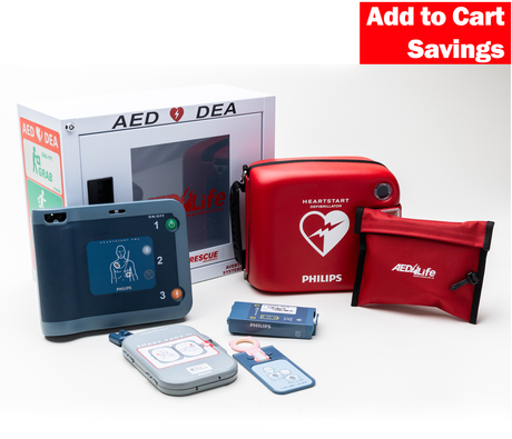 Philips AED device with accessories on a white background