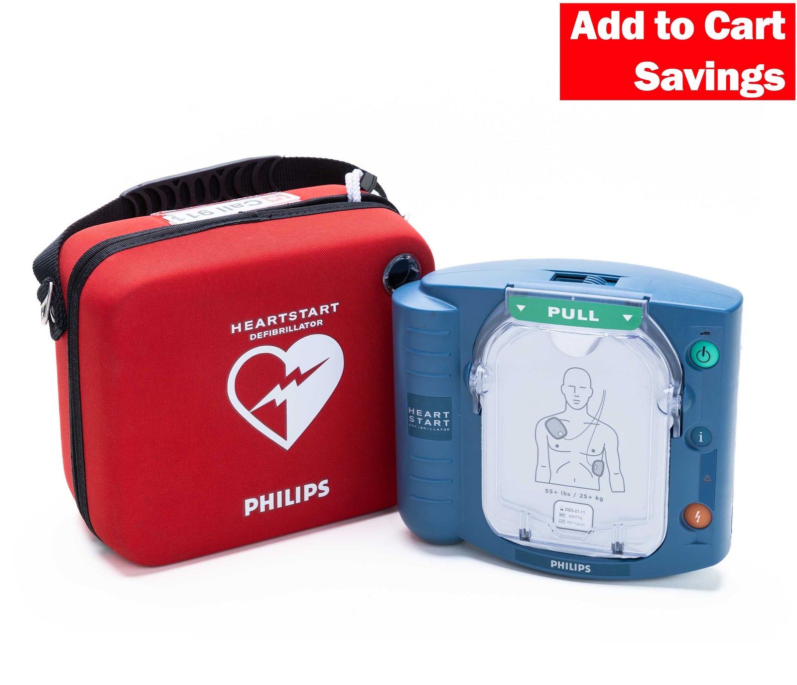 Philips Heartstart defibrillator with red carrying case on a white background