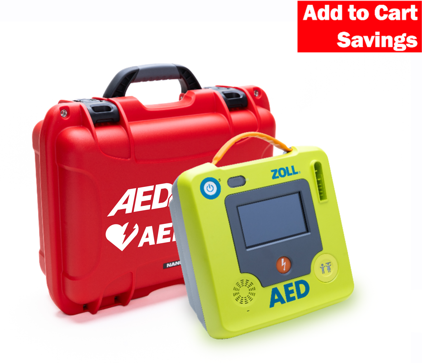 The ZOLL AED 3 Construction and Workplace Safety Kit by ZOLL includes a yellow AED, red case with "AED" text, and an "Add to Cart Savings" banner—ideal for jobsite or construction site safety needs.