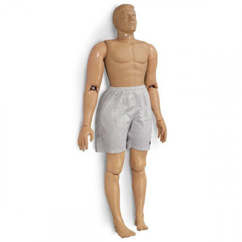 Adult rescue manikin wearing grey shorts.