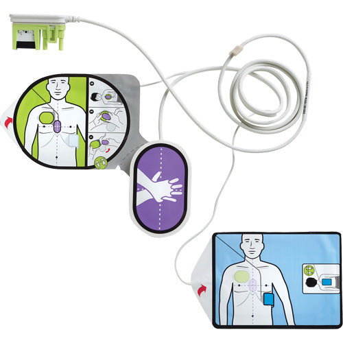 Diagram of an automated external defibrillator (AED) with labeled parts on a white background.