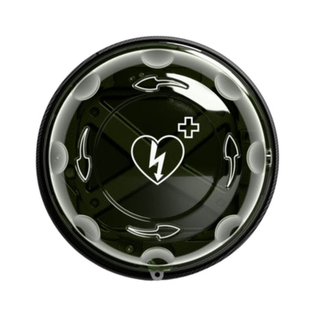 The Rotaid 24/7 Fully Monitored, Heated, Alarmed AED Cabinet by Rotaid features a black circular design with a heart and lightning bolt symbol surrounded by curved arrow icons—making it ideal for sudden cardiac arrest preparedness and reliable AED monitoring.