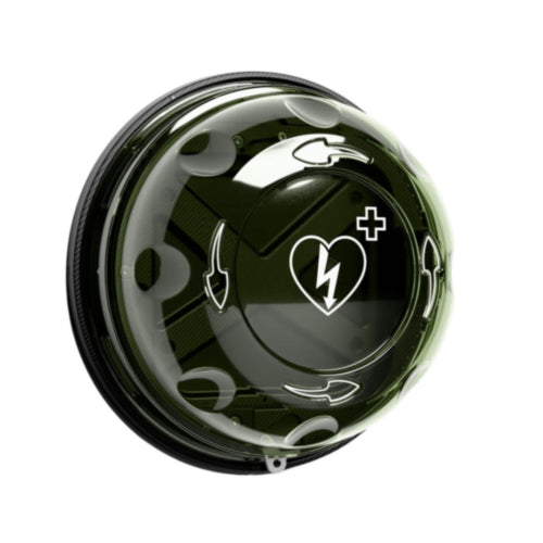 The Rotaid 24/7 Fully Monitored, Heated, Alarmed AED Cabinet by Rotaid is a round green automated external defibrillator case featuring a heart and lightning bolt symbol on the cover, designed to support AED monitoring and ensure readiness for sudden cardiac arrest situations.