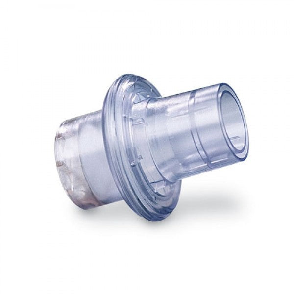 AED Shop's CPR Mask Replacement One-way Valve, featuring clear plastic construction with cylindrical connectors on both ends—ideal for use as a breathing filter in CPR masks. Comes in a pack of 50.