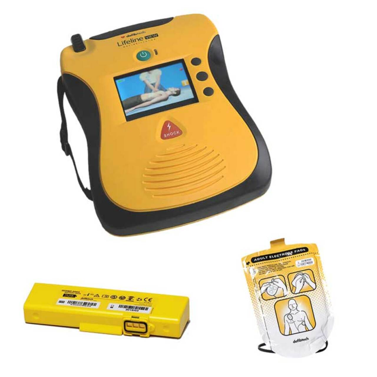 The Defibtech Lifeline VIEW AED features a yellow design and includes a battery, screen, and electrode pads visible separately, effectively guiding users through CPR and external defibrillation.