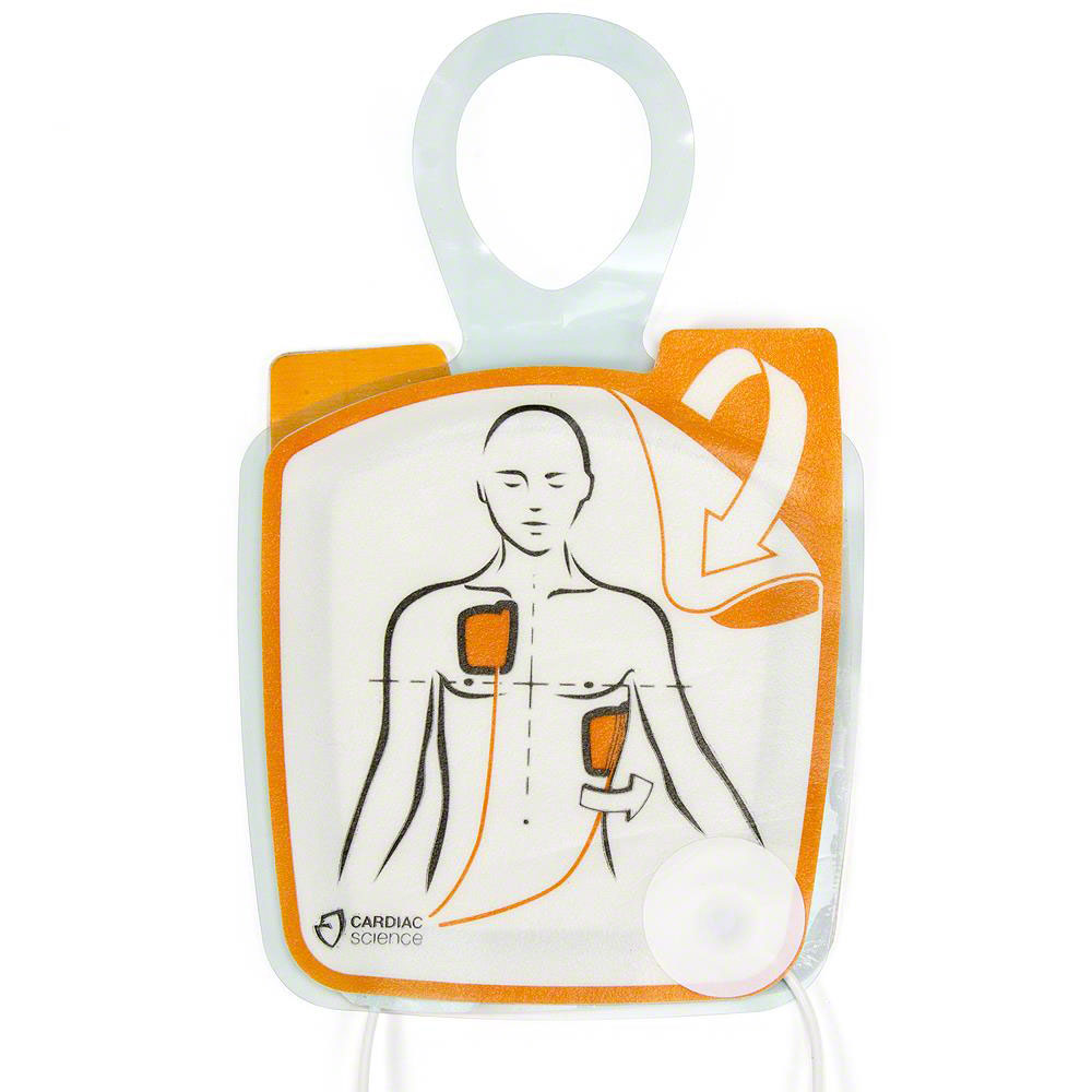 Illustration of Cardiac Science G5 Adult Pads placement shown on a diagram of a human torso with instructions for use, featuring Rescue Ready® technology from Cardiac Science.