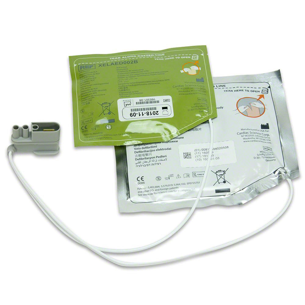 Cardiac Science G5 Adult Defibrillation Pads with CPR Feedback Device in their packaging, with attached cables visible and featuring Intellisense CPR Feedback.