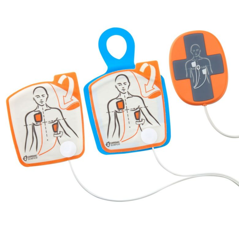 The Cardiac Science G5 Adult Defibrillation Pads, featuring Intellisense CPR Feedback, come with illustrated instructions for chest placement and are connected by white cables to ensure proper application for optimal performance.