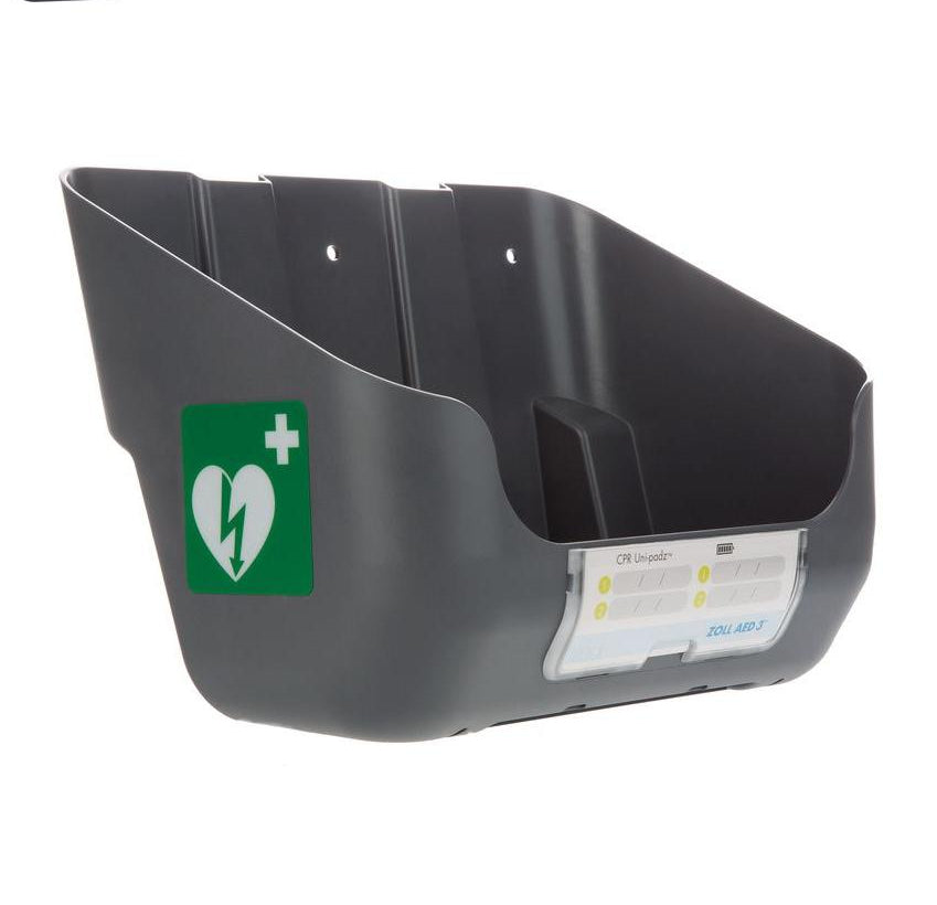 Gray wall-mounted box with green heart and cross symbol on a white background