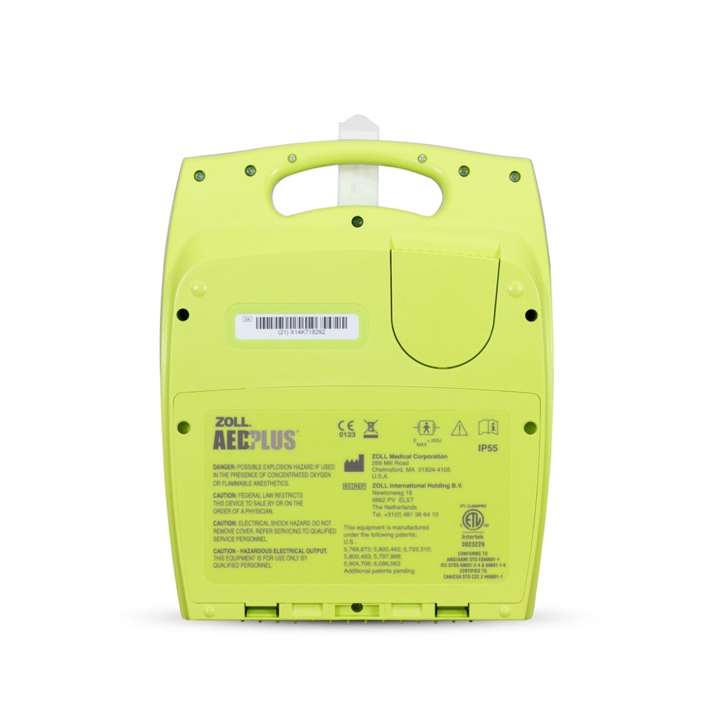 Back view of the ZOLL AED Plus automated external defibrillator, showcasing a handle, label, and brand and model information from ZOLL. This device includes Real CPR Help to ensure effective resuscitation.