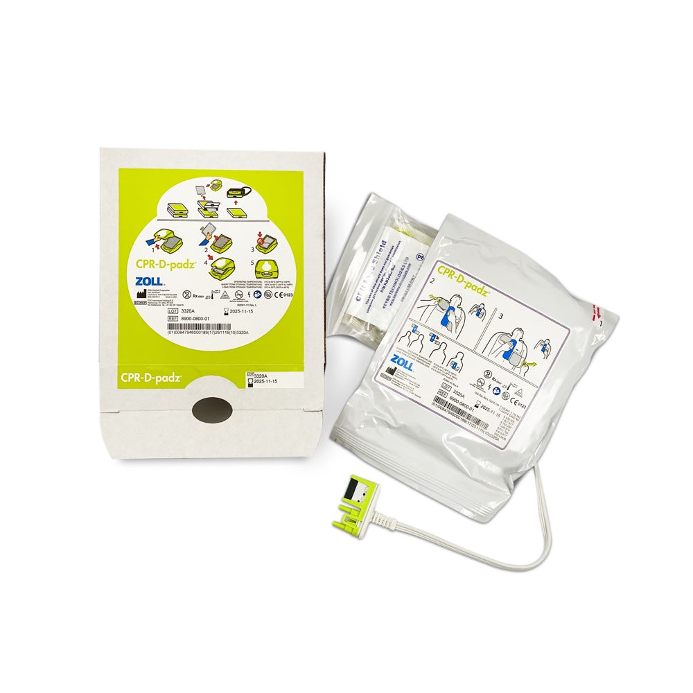 The ZOLL CPR-D-padz, complete with its cables and pads from the ZOLL AED Plus Refresh Kit, is displayed out of the packaging against a white background.