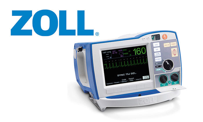 A ZOLL R Series Defibrillator with a digital display shows a heart rate of 160. The advanced monitoring capabilities and the Zoll logo are prominently visible on the left side, making it ideal for hospital resuscitation settings.