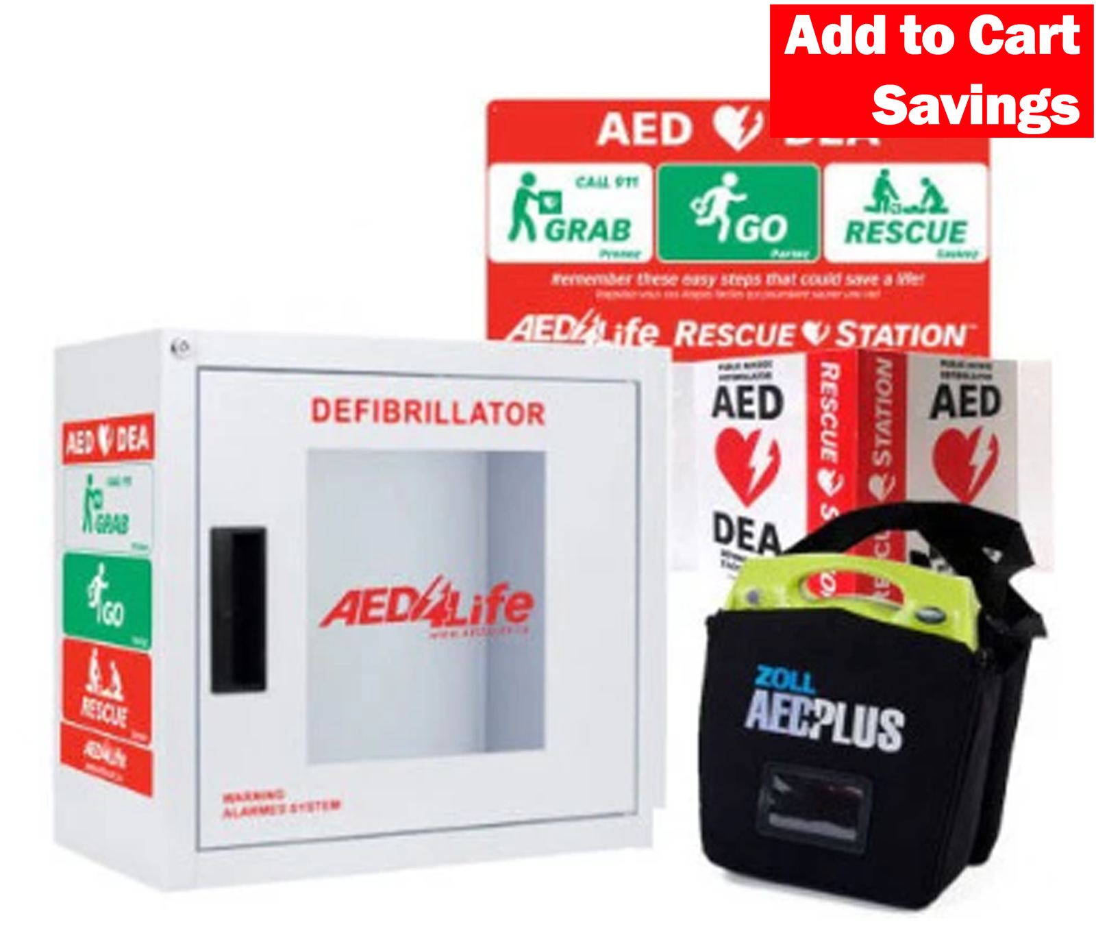 AED life defibrillator box and accessories on a white background with promotional text.
