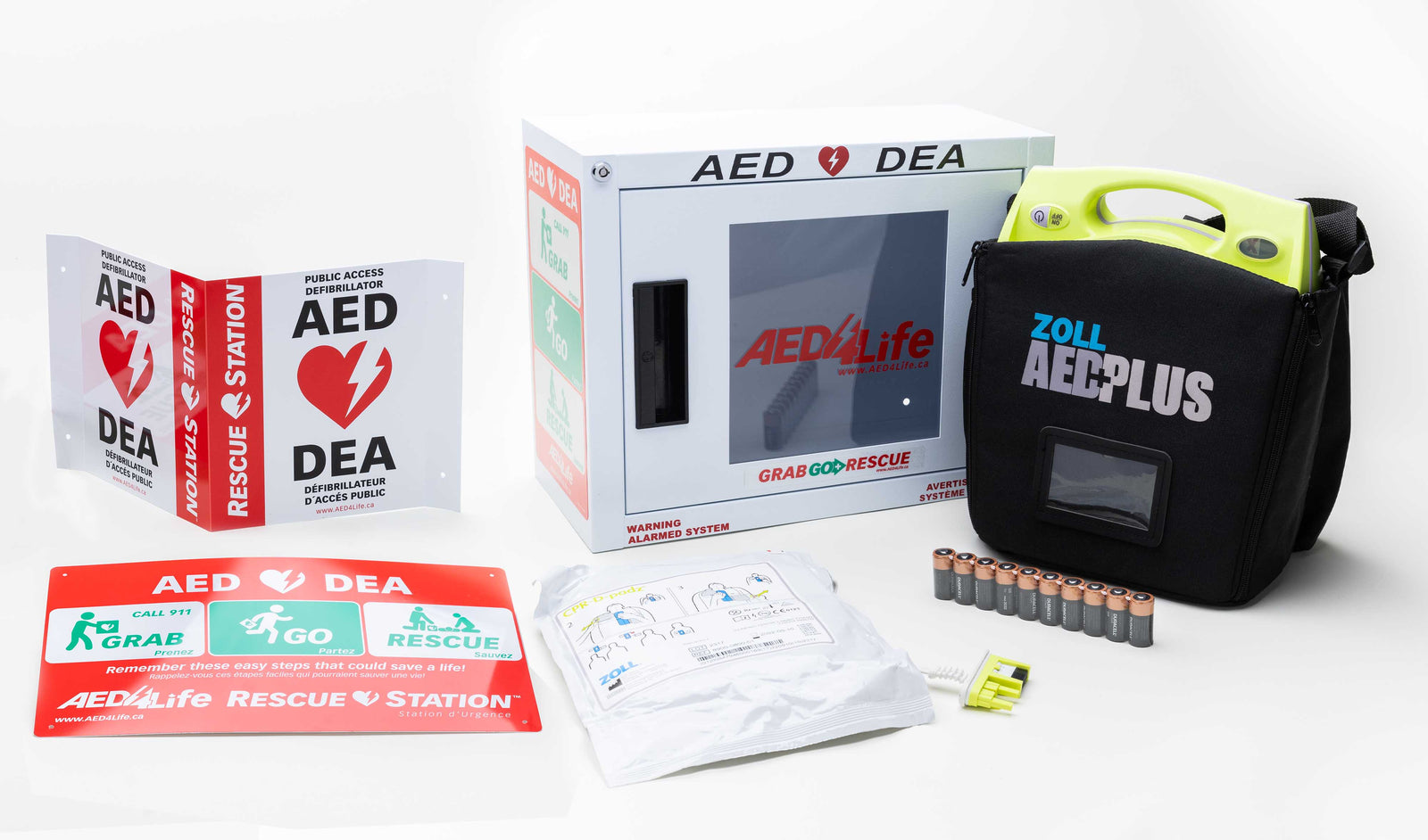 The ZOLL AED Plus - Complete Package includes the ZOLL AED Plus defibrillator with Real CPR Help technology, a carrying case, wall cabinet, batteries, instructional signs, and essential accessories.