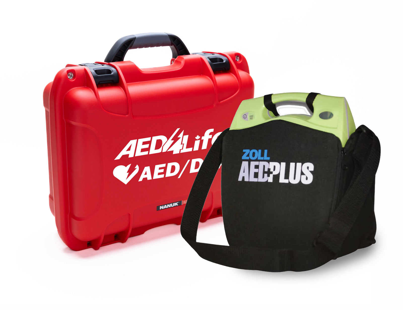 The ZOLL AED Plus Construction and Workplace Safety Kit by ZOLL includes a defibrillator in a black protective bag and a red carrying case—perfect for ensuring workplace safety.